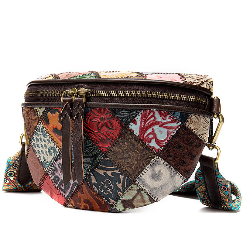 Leather ethnic stitching crossbody bag