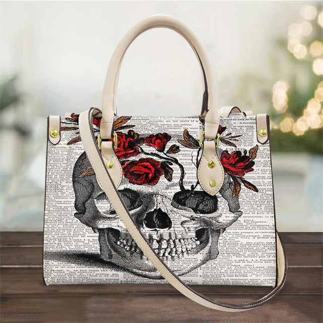 Sac à main en PU pour femme avec tête de mort noir et blanc, sac à bandoulière vintage tendance