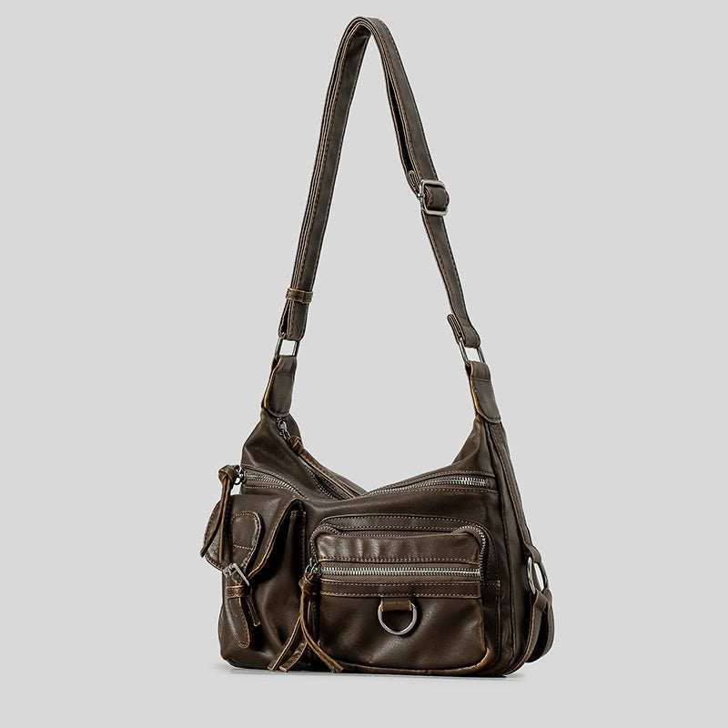 Retro Hot Girl Style Motorcycle Bag Brown Multi-pocket