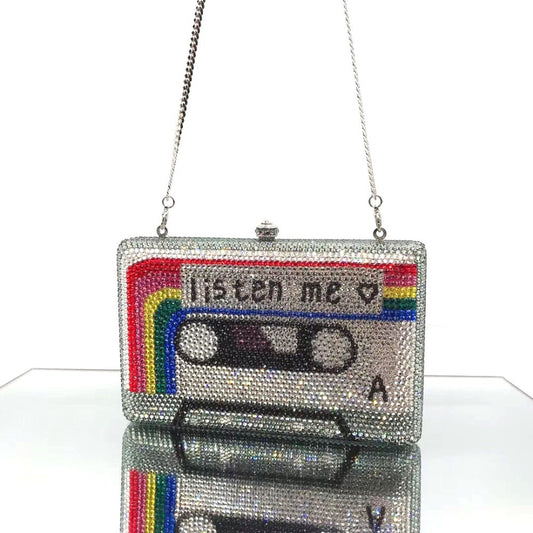 Bolso de mano con cinta de cassette y cristales para mujer