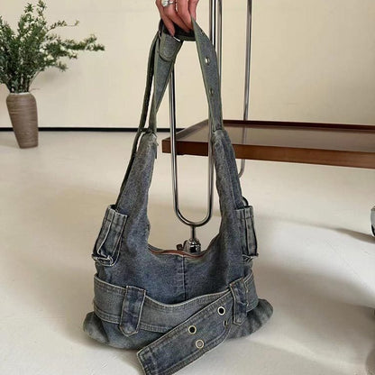 Sac à bandoulière en denim délavé vintage au design spécial