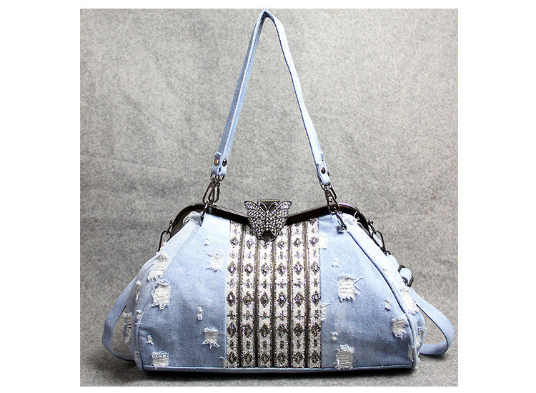 Light Blue Denim Butterfly Clip Diamond Crossbody Bag