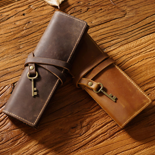 Trousse à stylos vintage en cuir de vachette avec clip à trois volets et volet roulant