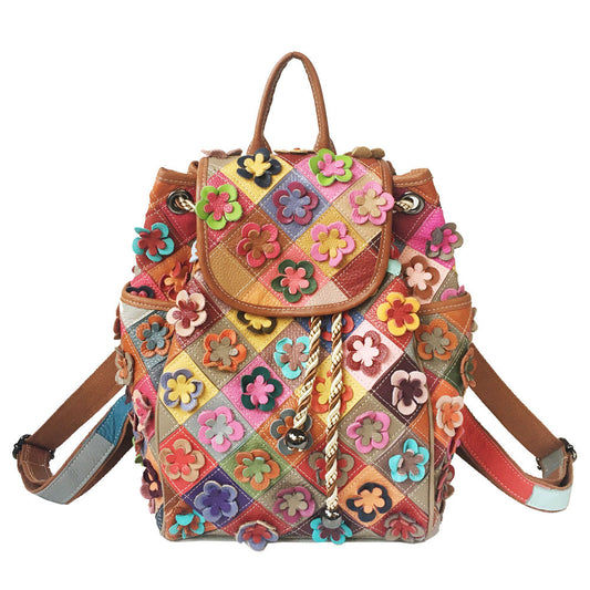 Mochila de piel de vaca con diseño de patchwork y cuadros de diamantes y flores estilo retro