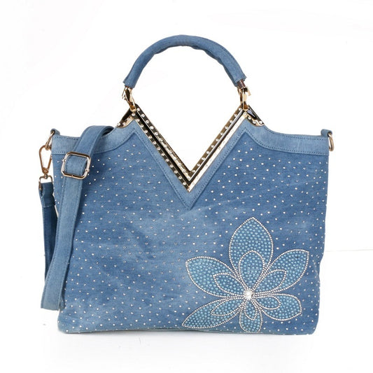 Bolso de mezclilla con diseño de flor de diamante en forma de V para mujer