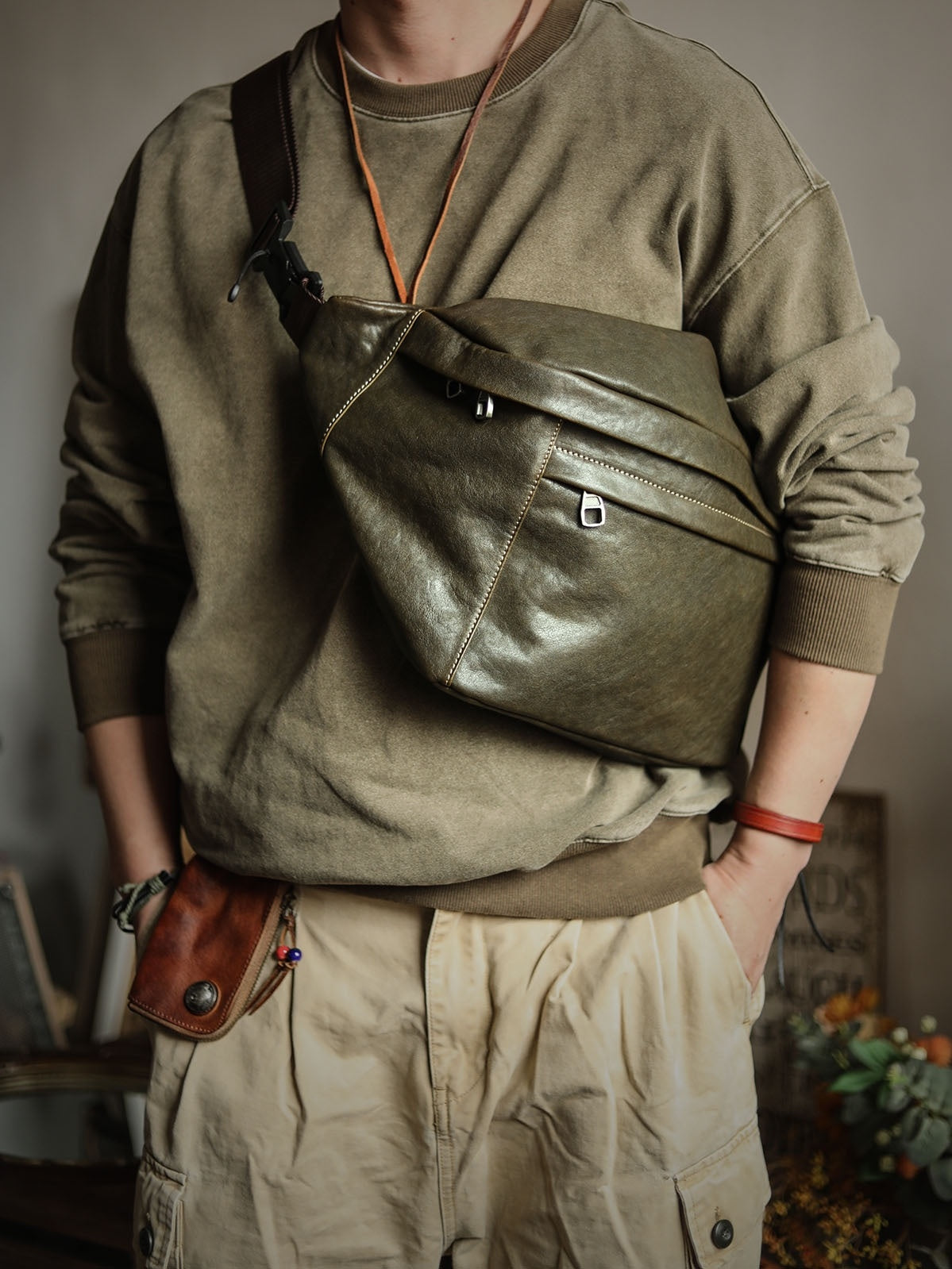 Bolso bandolera vintage de piel de vaca de gran capacidad para hombre