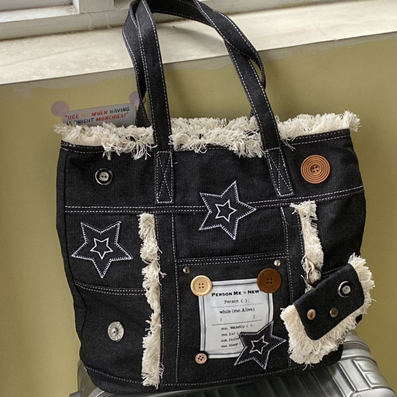 Bolso tote de mezclilla con flecos y estrellas estilo vintage americano