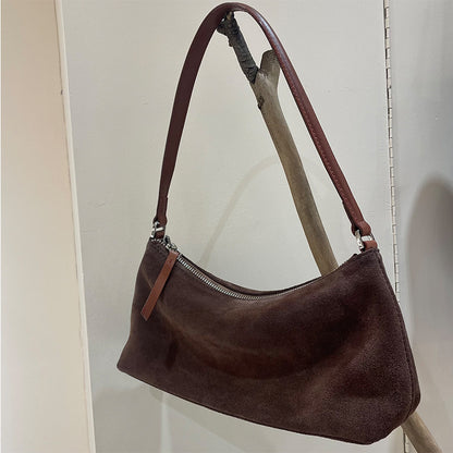 Niche Suede Underarm Baguette Retro Matte Top-grain Leather Shoulder Bag Handbag