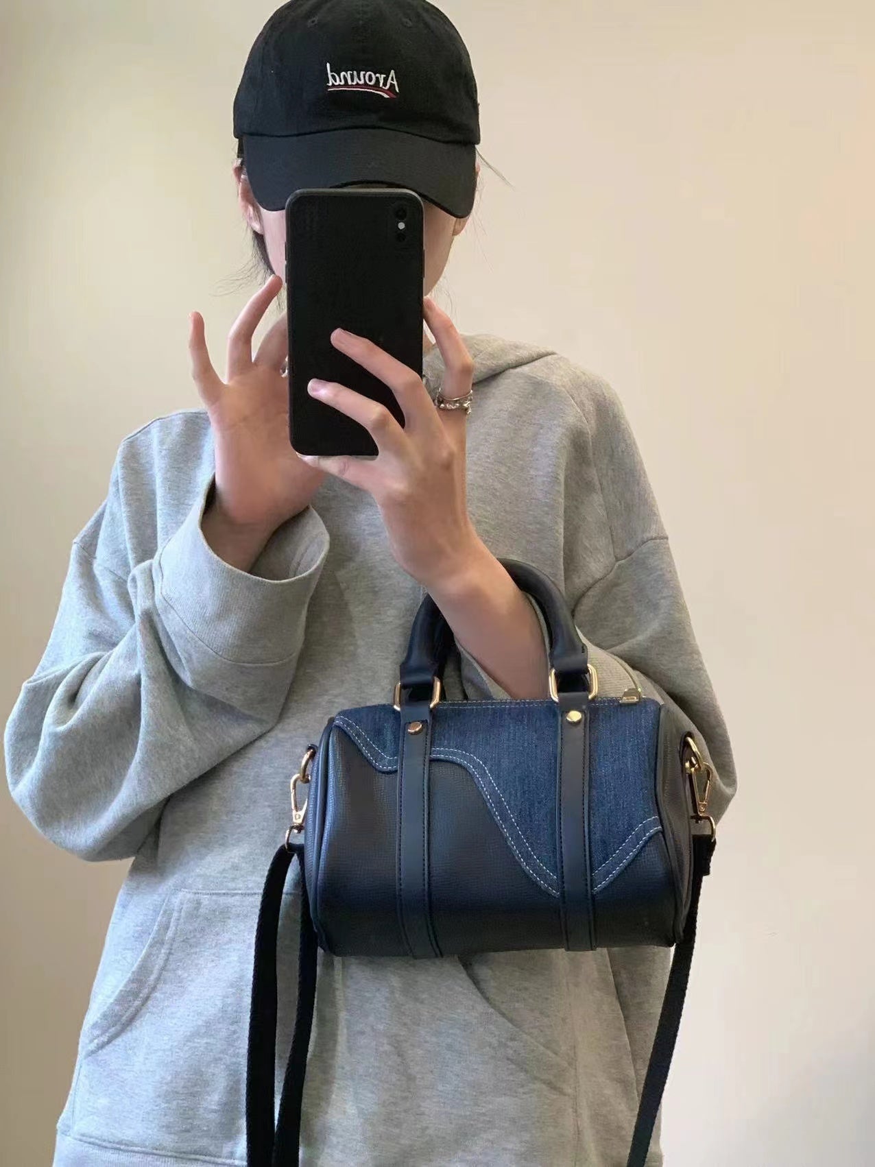 Sac Boston en cuir patchwork denim rétro