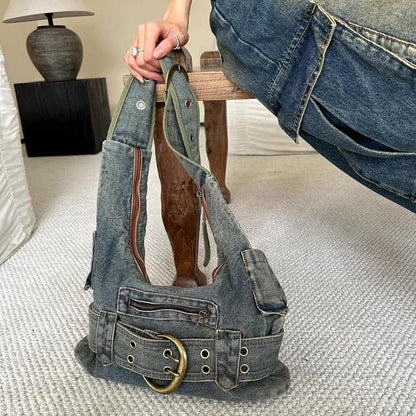 Sac à bandoulière en denim délavé vintage au design spécial