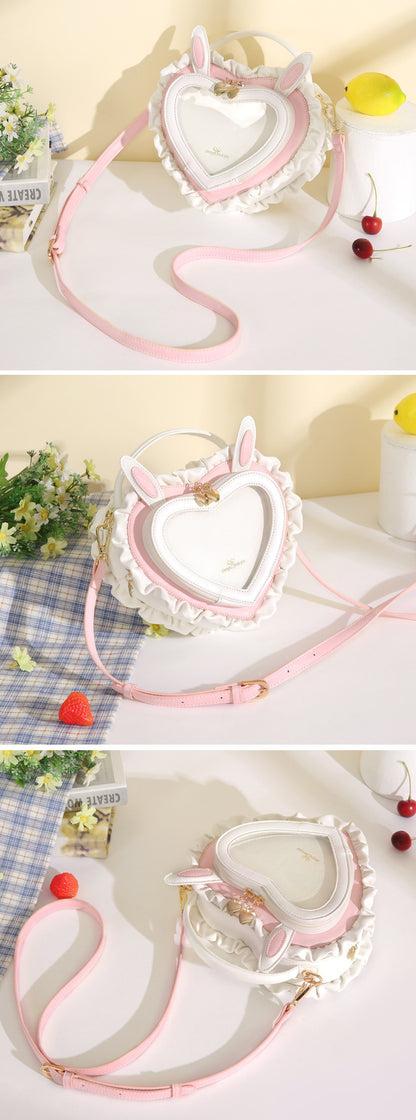 Sac à main transparent en forme d'oreille de lapin et de cœur de pêche, joli et mignon, en dentelle