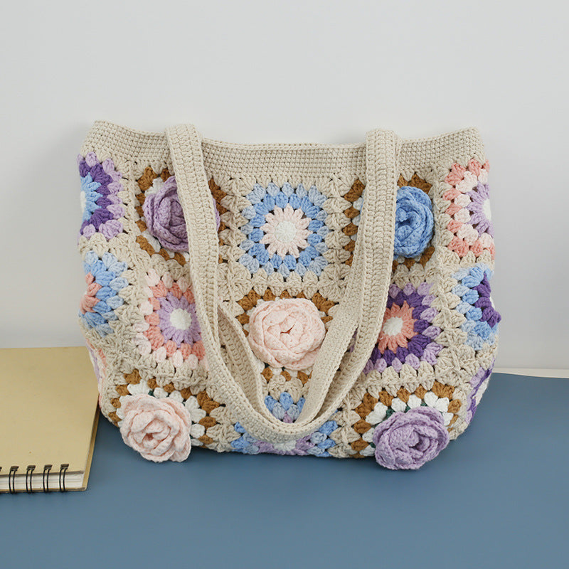 Sac à bandoulière créatif tissé à la main avec motif de fleurs stéréo