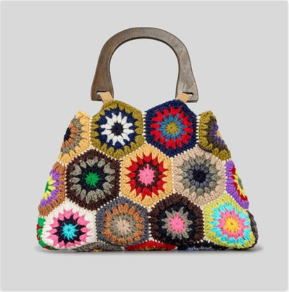 Printemps et été nouveau grand-mère Plaid femmes poignée en bambou patchwork rétro contraste couleur coton tressé sac à main