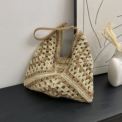 Sac à bandoulière en paille tissé à la main pour femme, couleur contrastée creuse