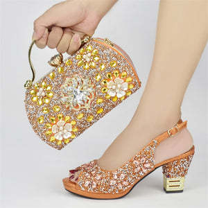 European And American Party Diamond Carved Collage Pattern Round Toe Back Tied Wedge Sandals With Evening Handbag Suit