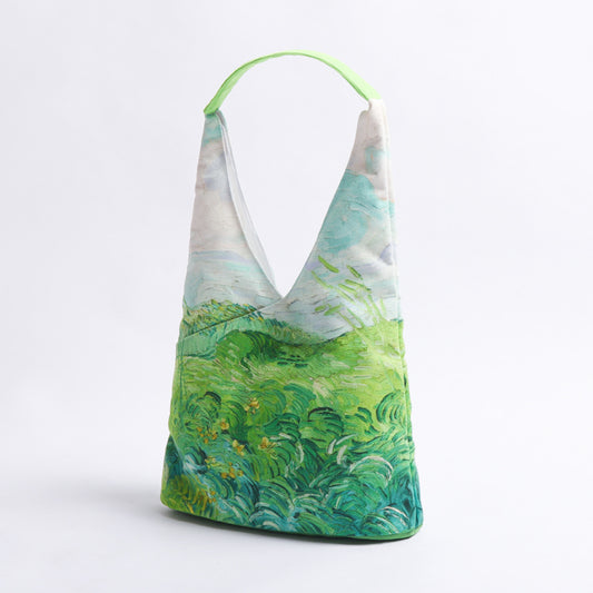 Sac en toile avec peinture à l'huile et champ de blé - Sac à bandoulière tendance et portable de grande capacité