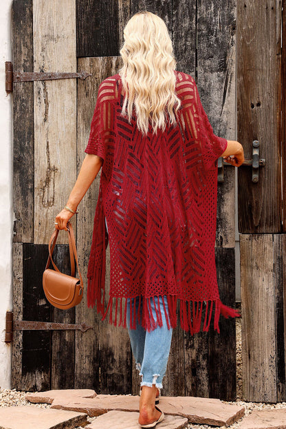 Openwork Open Front Cardigan with Fringes