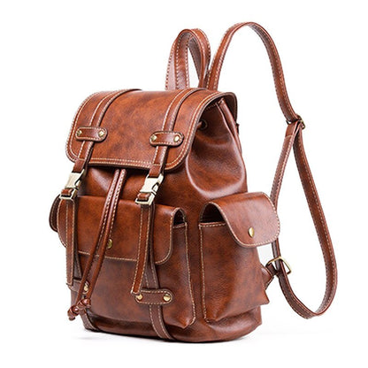 Mochila de cuero vintage para mujer, mochila grande con cordón, bolso de viaje escolar