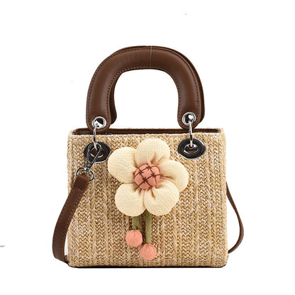 Bolso de mano de paja tejido con flores para mujer