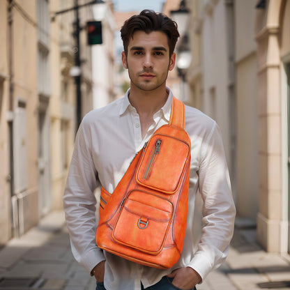 Sac de poitrine en cuir de vachette de première couche Sac messager à bandoulière de grande capacité Peau de squelette brossée