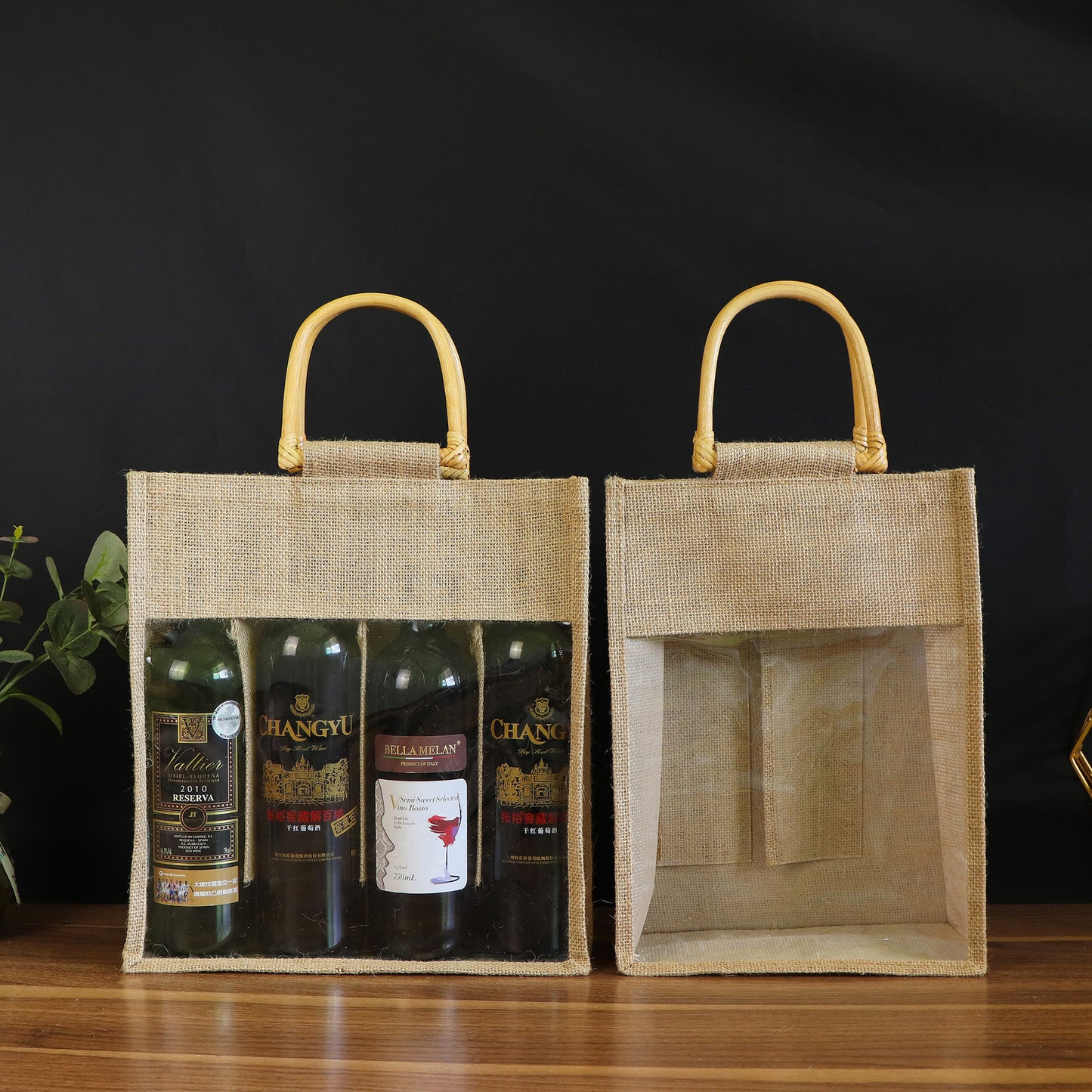 Bolsa de lino para vino tinto, bolsa para envasar vino, paquete de cuatro botellas, bolsa de vino de mano doble