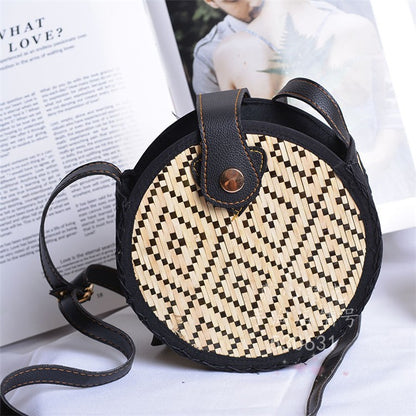 Bamboo woven beach shoulder messenger small round bag