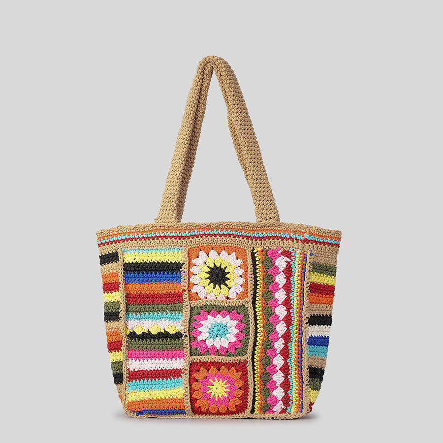 Bolso de lana tejido con flores vintage para mujer, estilo étnico, hecho a mano con crochet