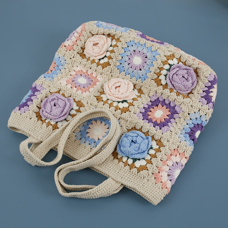 Sac à bandoulière créatif tissé à la main avec motif de fleurs stéréo