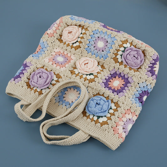 Sac à bandoulière créatif tissé à la main avec motif de fleurs stéréo