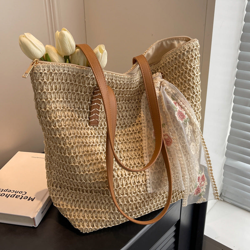 Sac seau tissé à une épaule de grande capacité pour femme