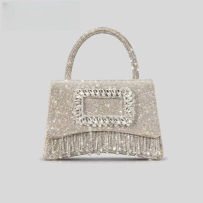 Sac fourre-tout à strass avec boucle carrée pour femme, sac à main à rabat avec pompon et strass