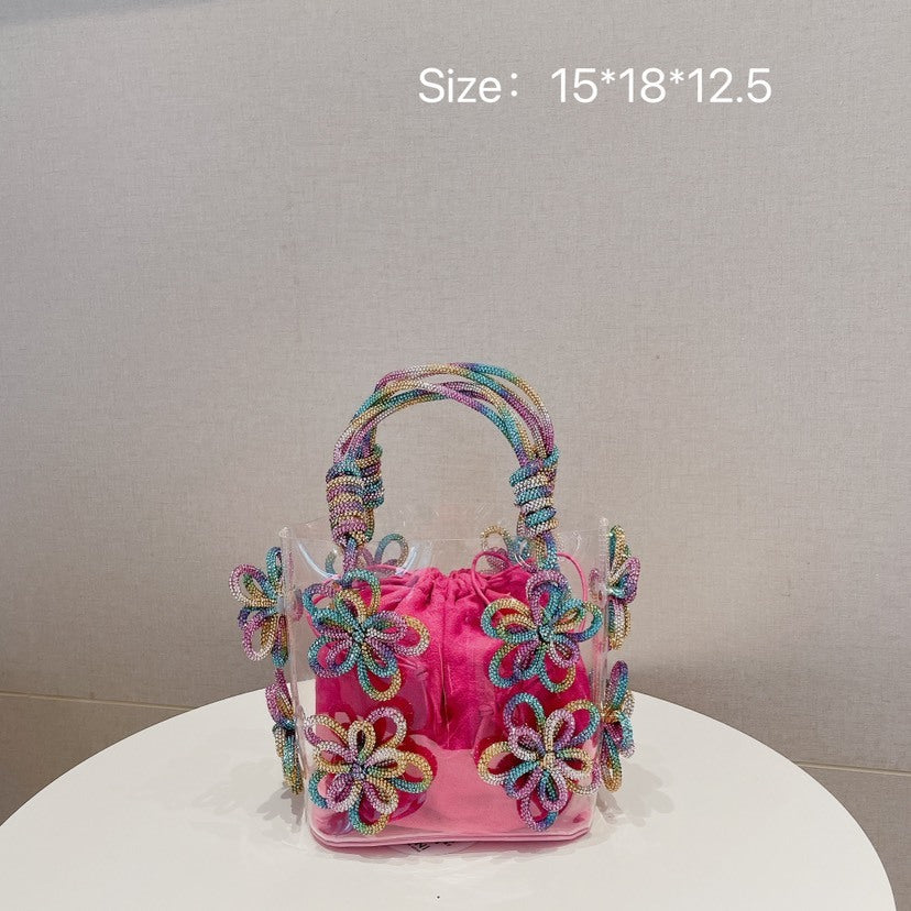 Colorful Rhinestone Transparent Flower Portable Basket Pack