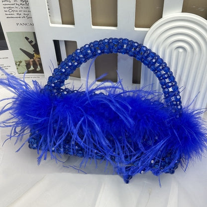 Large Ostrich Feather Handmade Beaded Fall Winter Fashion Feather Handbag