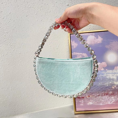 Bolso de mano vintage de terciopelo con diamantes de imitación y forma de semicírculo