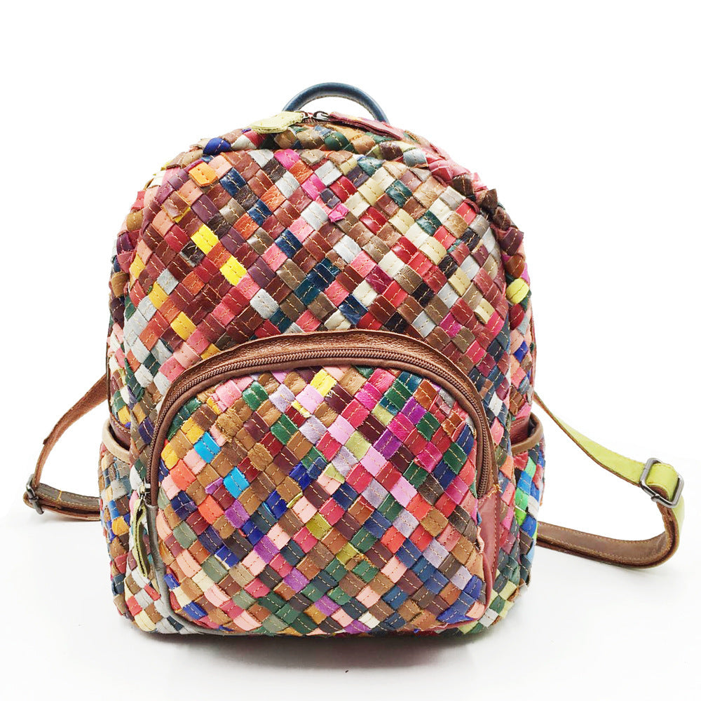 Sac à dos tissé à la main en cuir de vachette coloré avec coutures pour femme