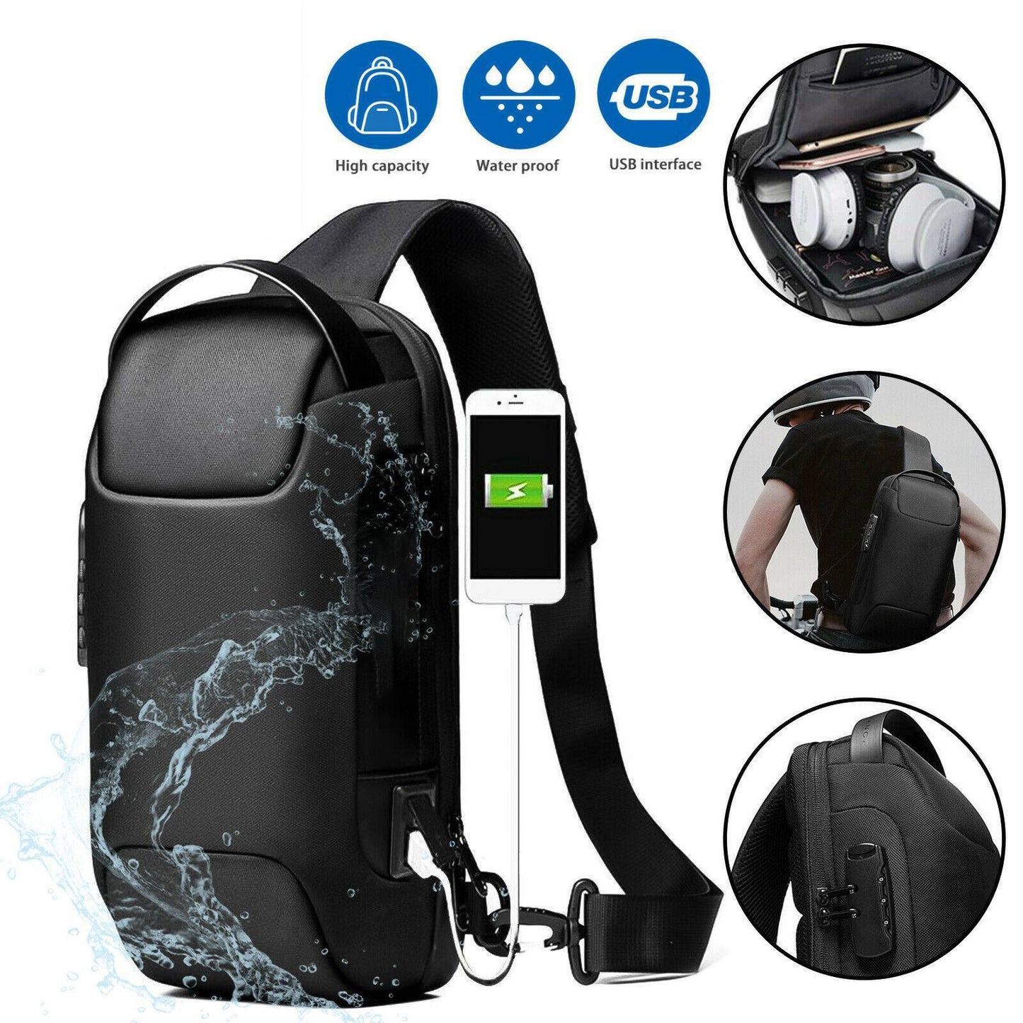 Bolso bandolera multifunción Oxford impermeable para hombre, bolso de hombro antirrobo, bolso bandolera tipo bandolera para hombre, bolso bandolera impermeable, bolso de pecho antirrobo, mochila con puerto USB