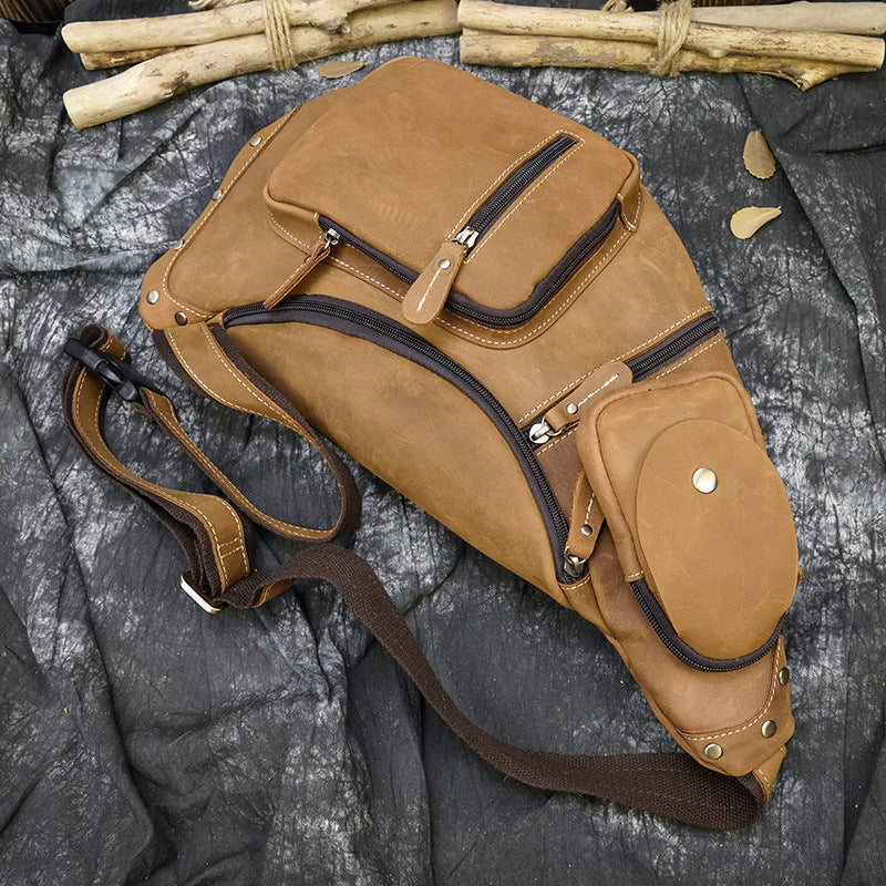 Bolso de pecho retro europeo y americano para hombre de piel de Caballo Loco