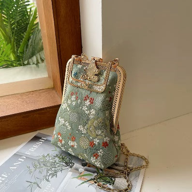 Sac à main bandoulière avec pompon brodé pour femme avec cheongsam