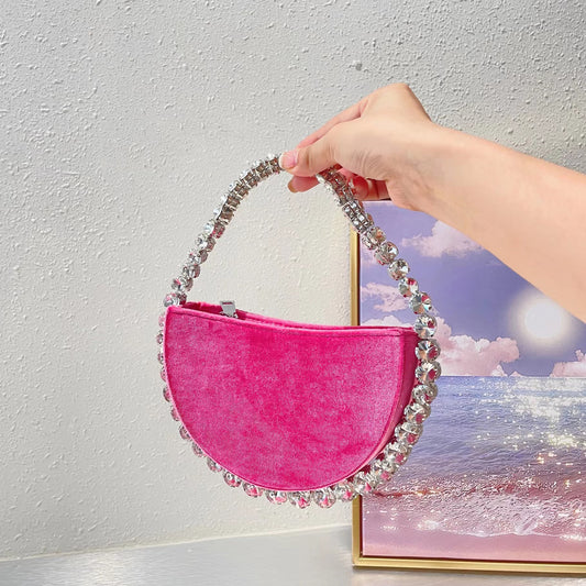 Bolso de mano vintage de terciopelo con diamantes de imitación y forma de semicírculo