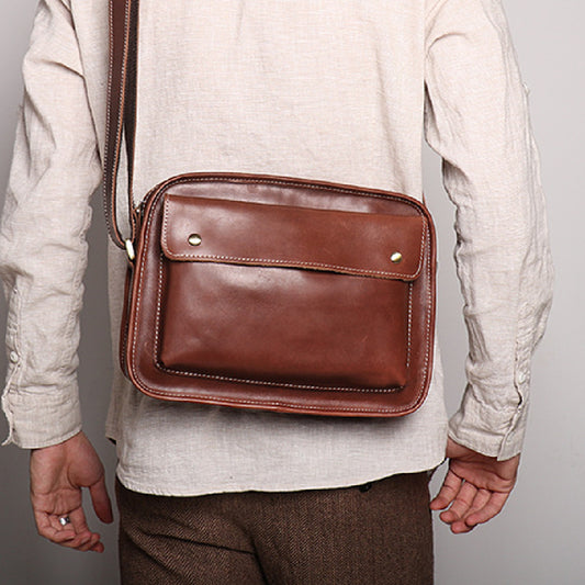 Sac à bandoulière simple et décontracté en cuir véritable pour homme