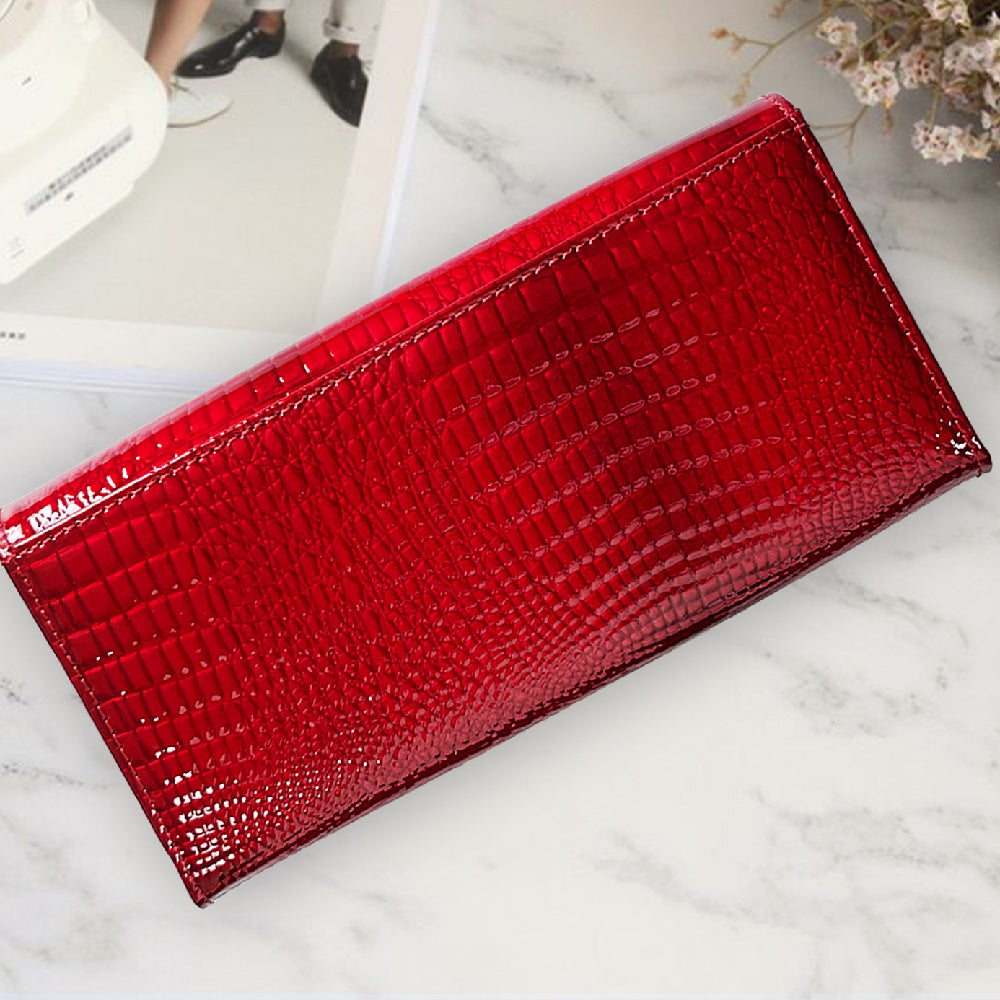 Portefeuille pour femme en cuir verni motif crocodile Pochette à fermeture rouge de haute qualité