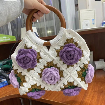 Rose Handbag Woven Material Handmade Wool Crocheted Handle