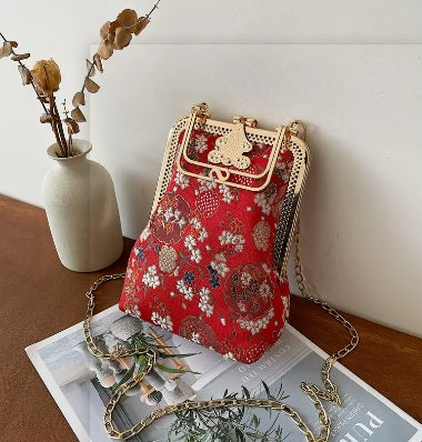 Sac à main bandoulière avec pompon brodé pour femme avec cheongsam