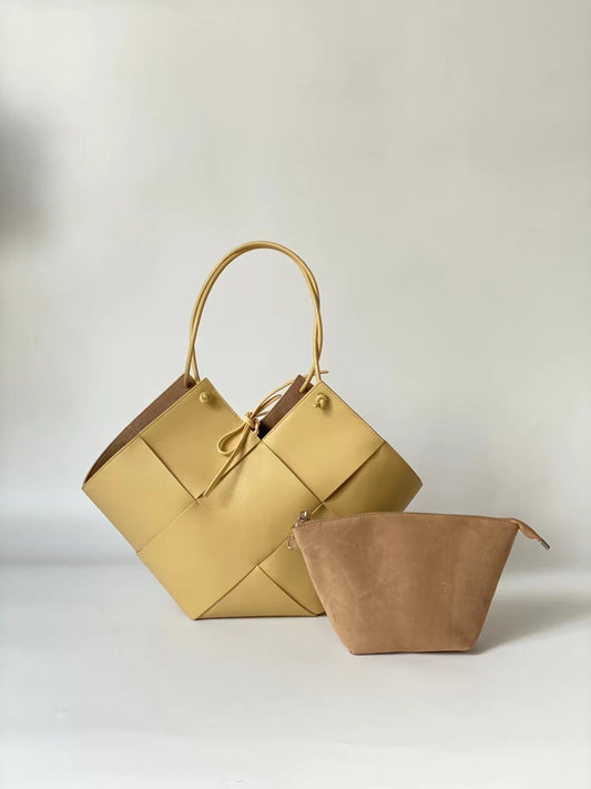 Bolso de mano de piel auténtica para mujer, bolso tejido, moda de primavera y verano