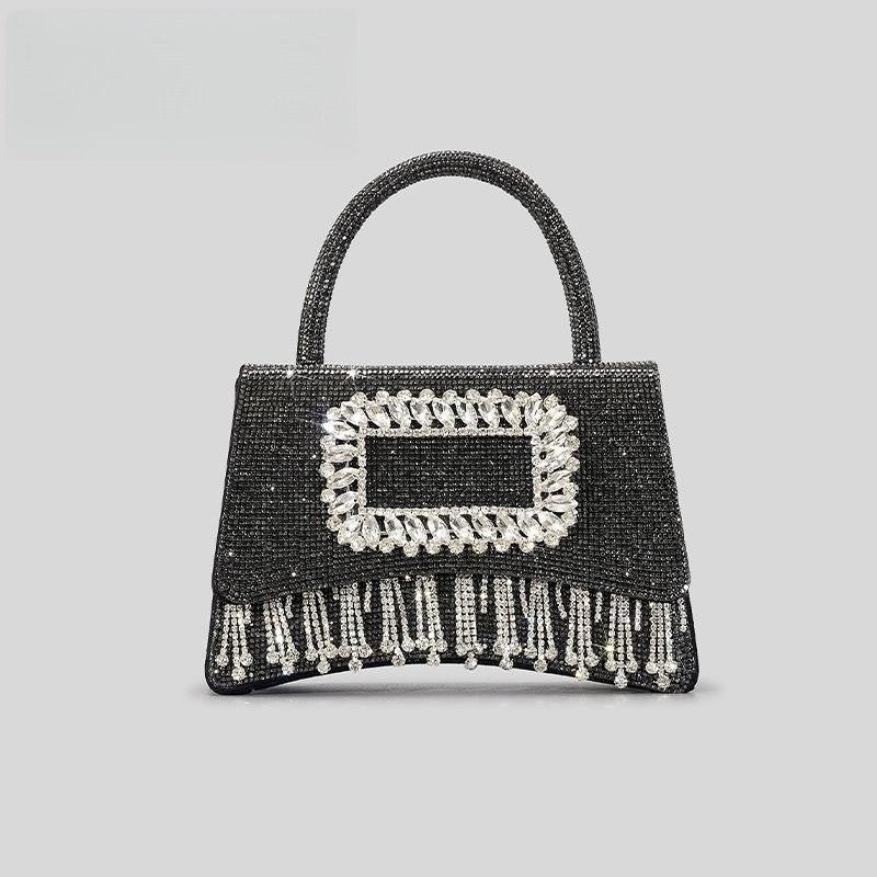 Sac fourre-tout à strass avec boucle carrée pour femme, sac à main à rabat avec pompon et strass