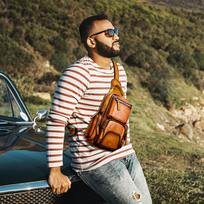 Petit sac de poitrine décontracté en cuir de vachette pour homme