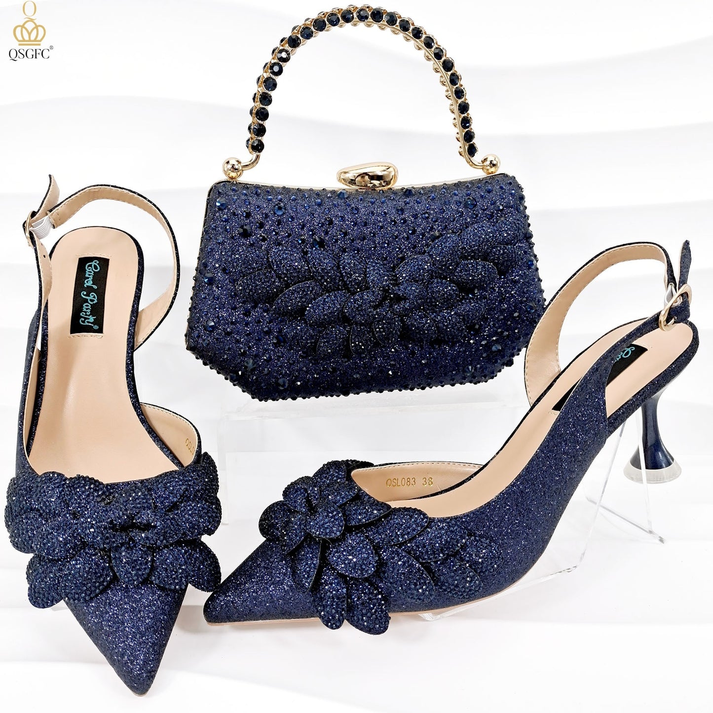 Conjunto de zapatos y bolsos de fiesta para damas transfronterizos hechos a mano con hojas decorativas y copas de vino