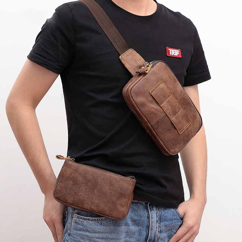 Sac banane pour homme, sac banane décontracté et fonctionnel pour argent et téléphone, sac à bandoulière unisexe pour homme, sac banane en cuir, sac de poitrine pour téléphone