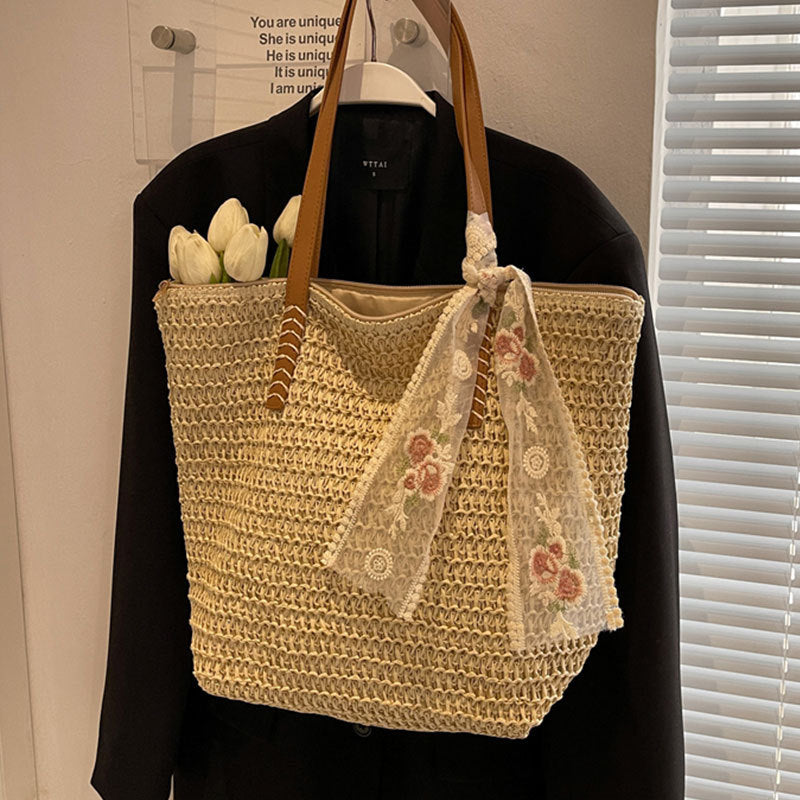 Sac seau tissé à une épaule de grande capacité pour femme