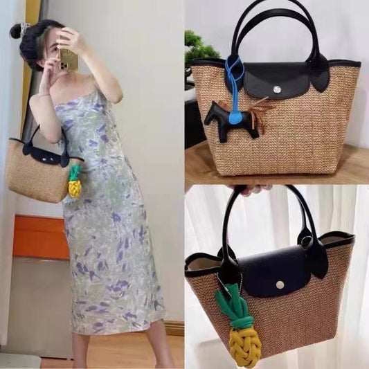 Bolso de mano de paja con un solo hombro y forma oblicua para mujer